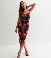 New Look Black Rose Print Sweetheart Strappy Belted Midi Bodycon Dress